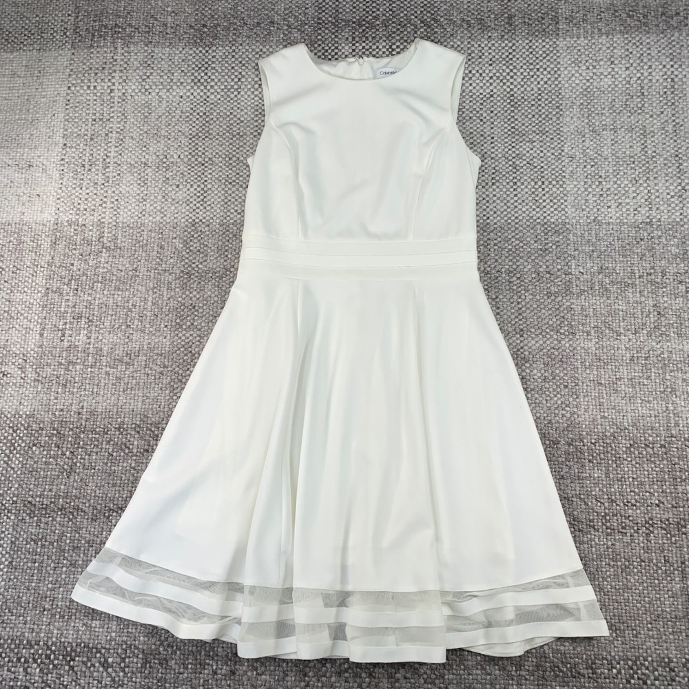 Calvin Klein Fit & Flare Dress Womens 10 White Mesh Hem Sleeveless Round Neck